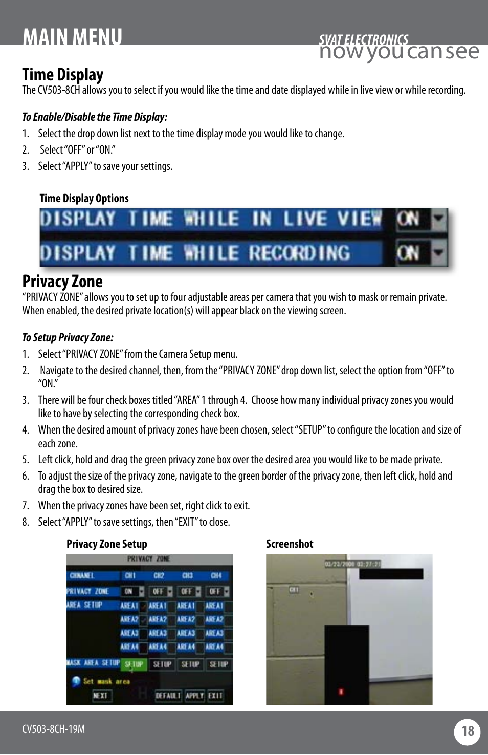 Now you can see main menu, Time display, Privacy zone | SVAT Electronics CV503-8CH User Manual | Page 21 / 91