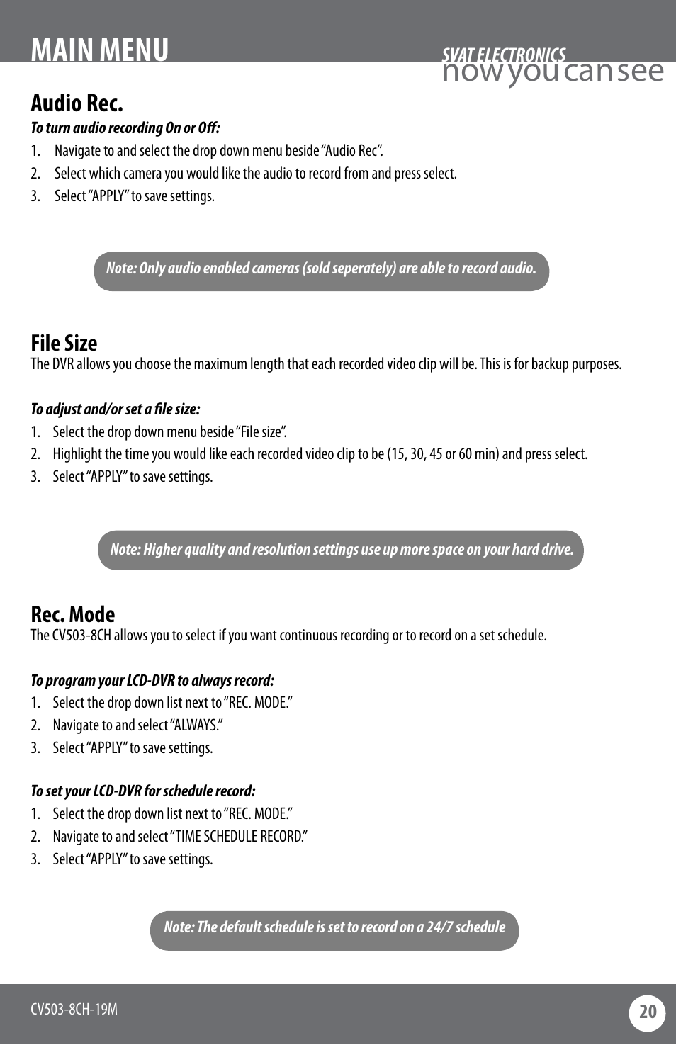 Now you can see, Main menu, Audio rec | Rec. mode, File size | SVAT Electronics CV503-8CH User Manual | Page 23 / 91