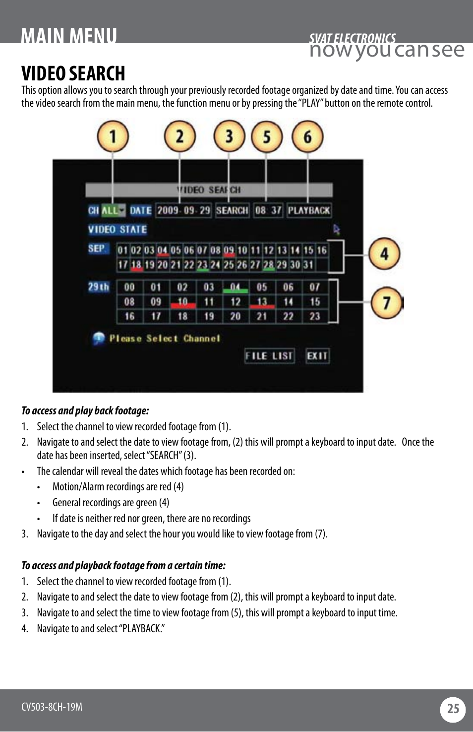 Now you can see main menu, Video search | SVAT Electronics CV503-8CH User Manual | Page 28 / 91