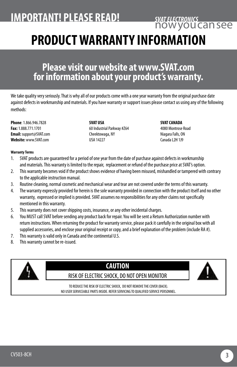 Product warranty information, Now you can see important! please read, Caution | 3svat electronics | SVAT Electronics CV503-8CH User Manual | Page 3 / 91