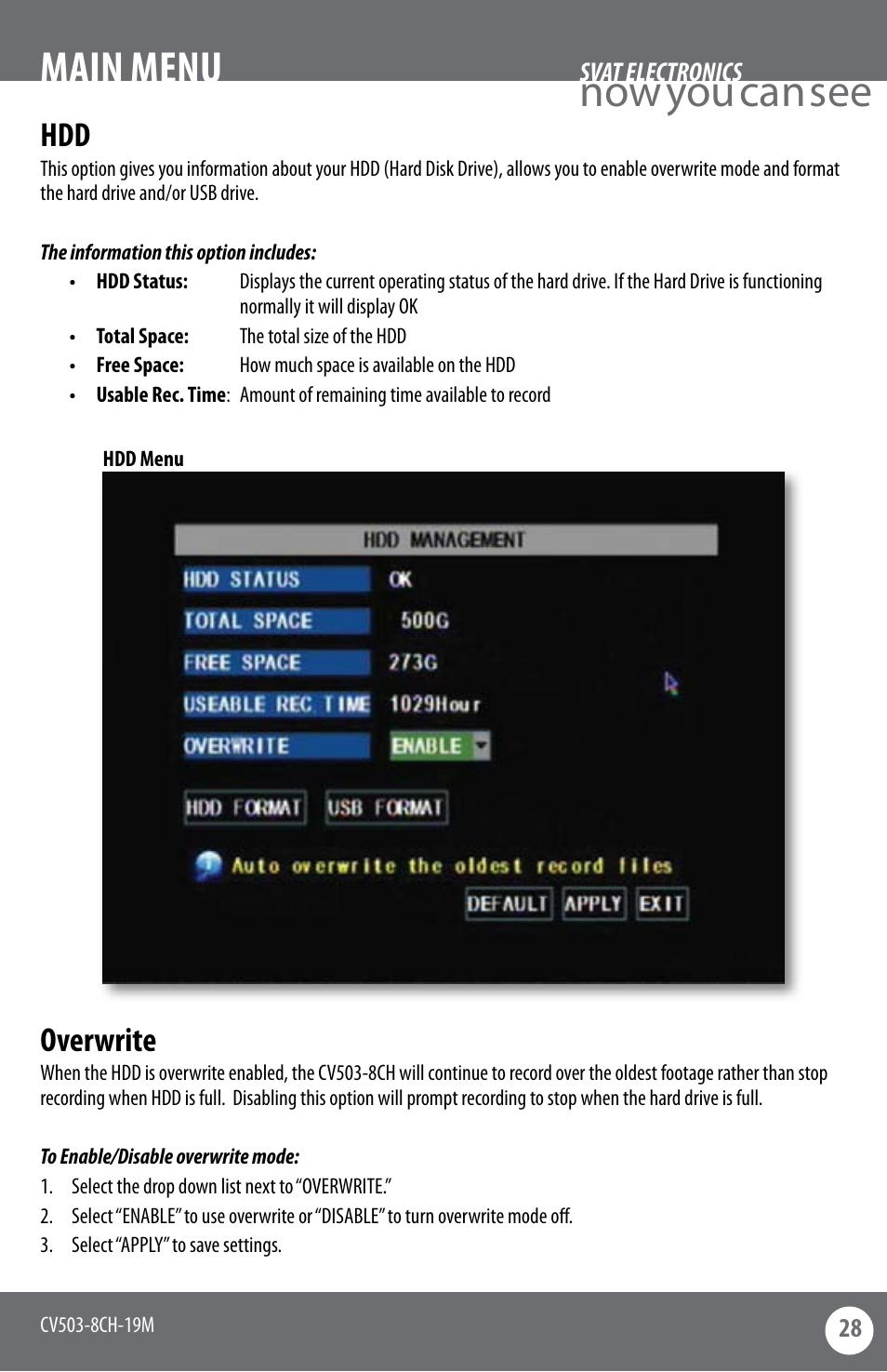 Now you can see main menu, Overwrite | SVAT Electronics CV503-8CH User Manual | Page 31 / 91