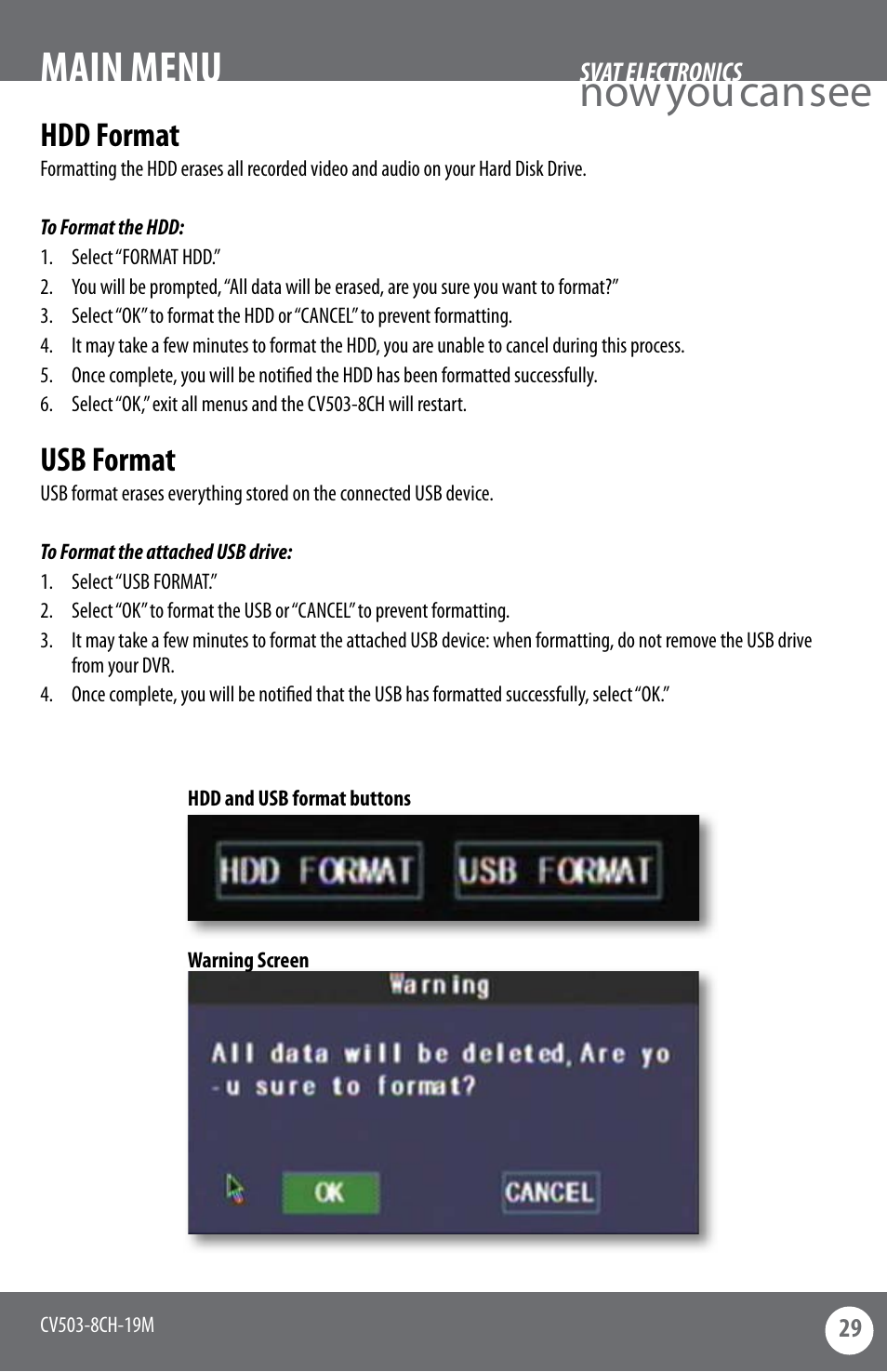 Now you can see main menu, Hdd format, Usb format | SVAT Electronics CV503-8CH User Manual | Page 32 / 91