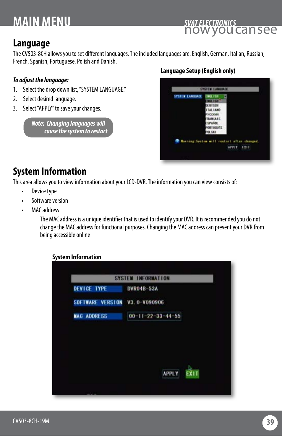 Now you can see, Main menu, Language | System information | SVAT Electronics CV503-8CH User Manual | Page 42 / 91