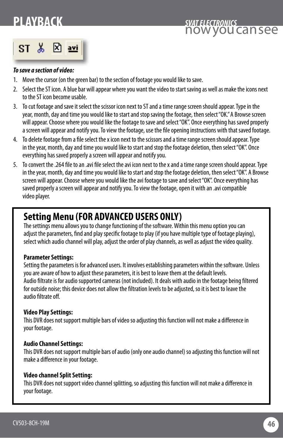 Now you can see, Playback, Setting menu (for advanced users only) | SVAT Electronics CV503-8CH User Manual | Page 49 / 91