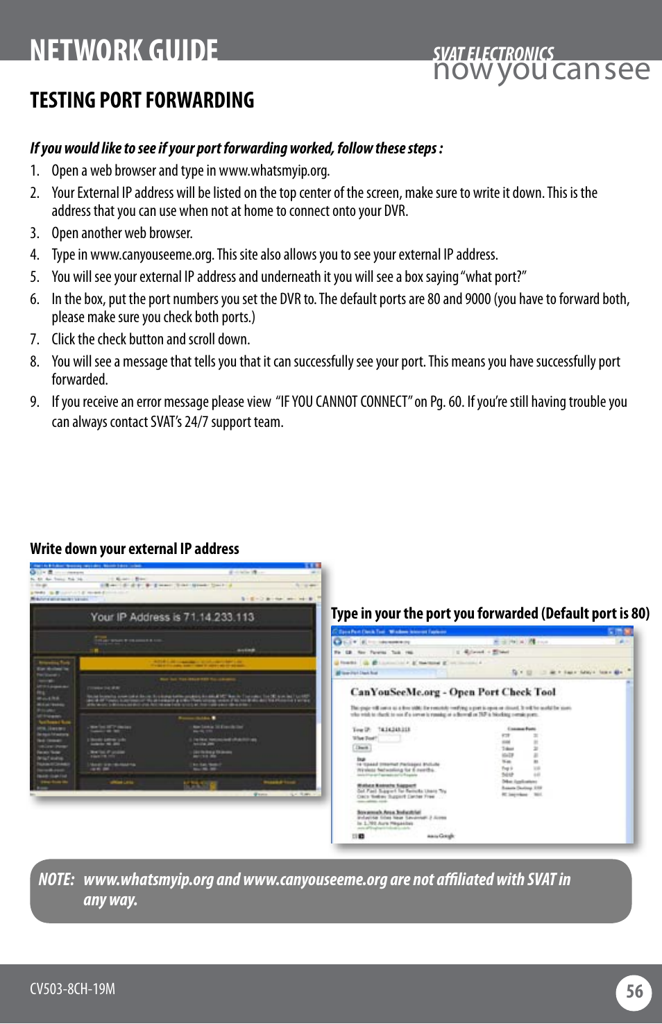 Now you can see, Network guide, Testing port forwarding | SVAT Electronics CV503-8CH User Manual | Page 59 / 91