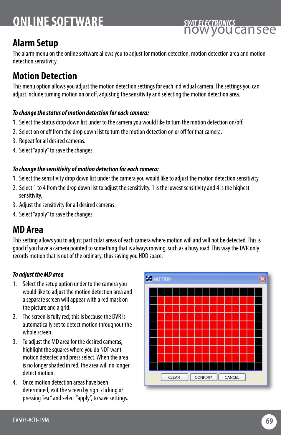 Now you can see, Online software, Alarm setup | Md area, Motion detection | SVAT Electronics CV503-8CH User Manual | Page 72 / 91