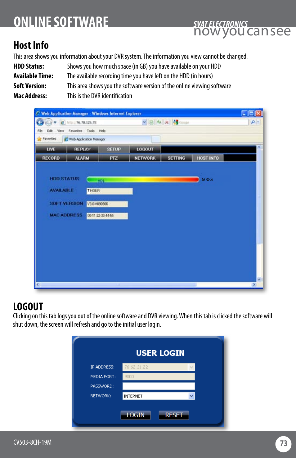 Now you can see, Online software, Host info | Logout | SVAT Electronics CV503-8CH User Manual | Page 76 / 91