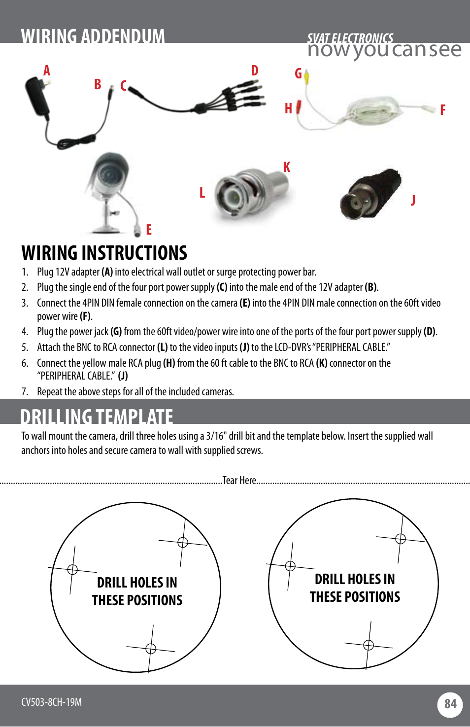 Now you can see, Drilling template, Wiring addendum | Wiring instructions | SVAT Electronics CV503-8CH User Manual | Page 87 / 91
