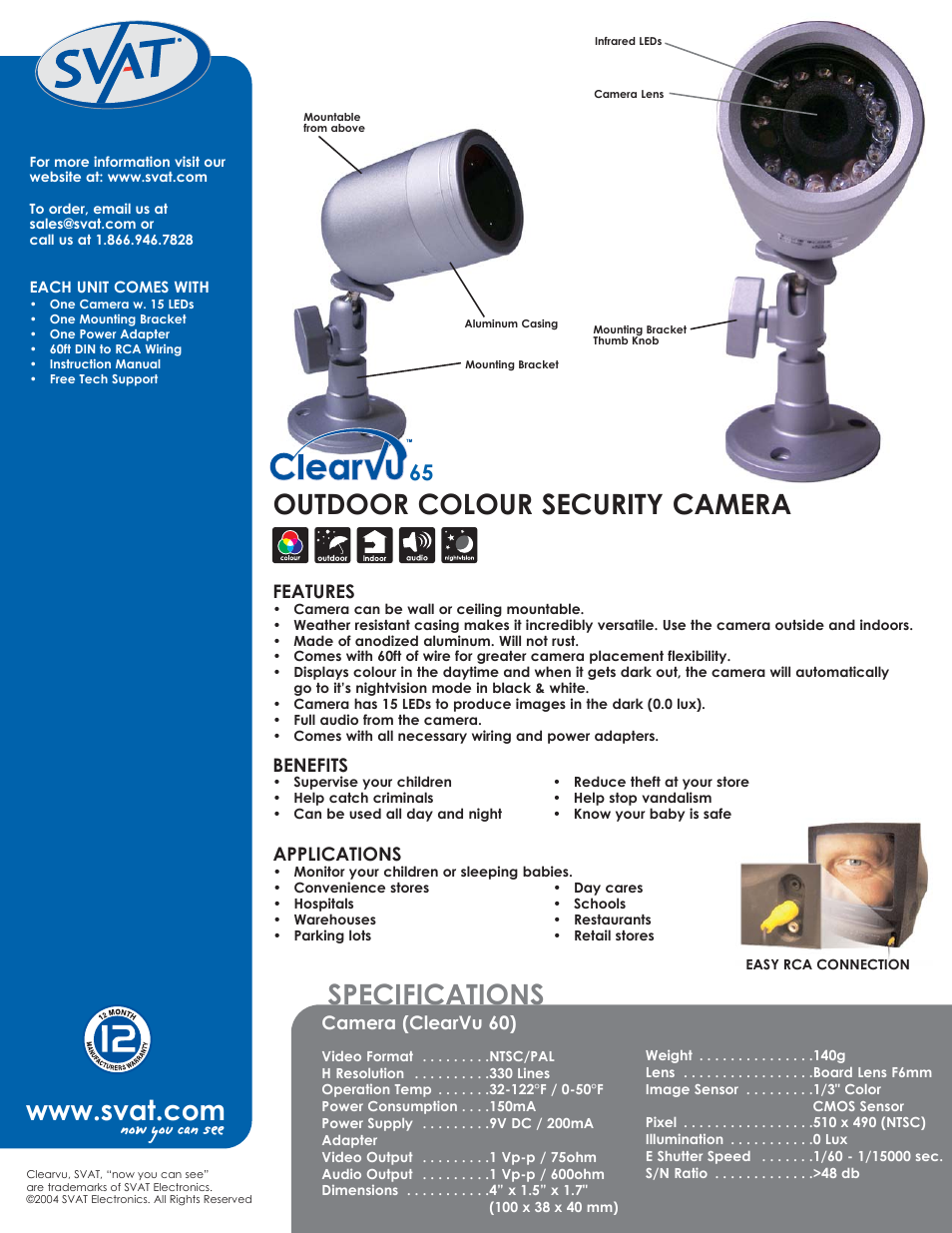 Specifications, Outdoor colour security camera, Features | Applications, Camera (clearvu 60), Benefits | SVAT Electronics Clearvu65 User Manual | Page 2 / 2