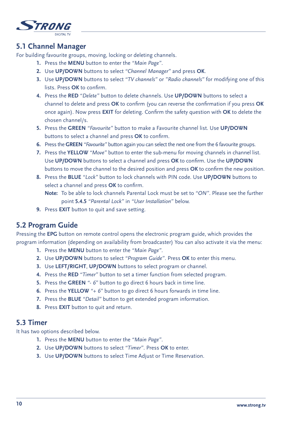 1 channel manager, 2 program guide, 3 timer | Strong Enterprises SRT 60 User Manual | Page 13 / 21