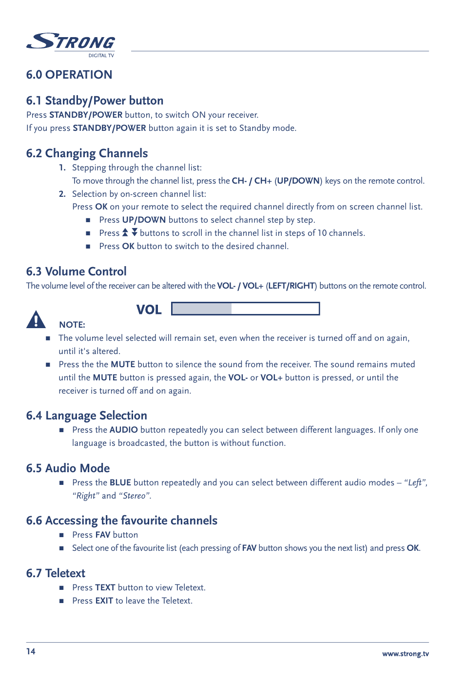 0 operation 6.1 standby/power button, 2 changing channels, 3 volume control | 4 language selection, 5 audio mode, 6 accessing the favourite channels, 7 teletext | Strong Enterprises SRT 60 User Manual | Page 17 / 21