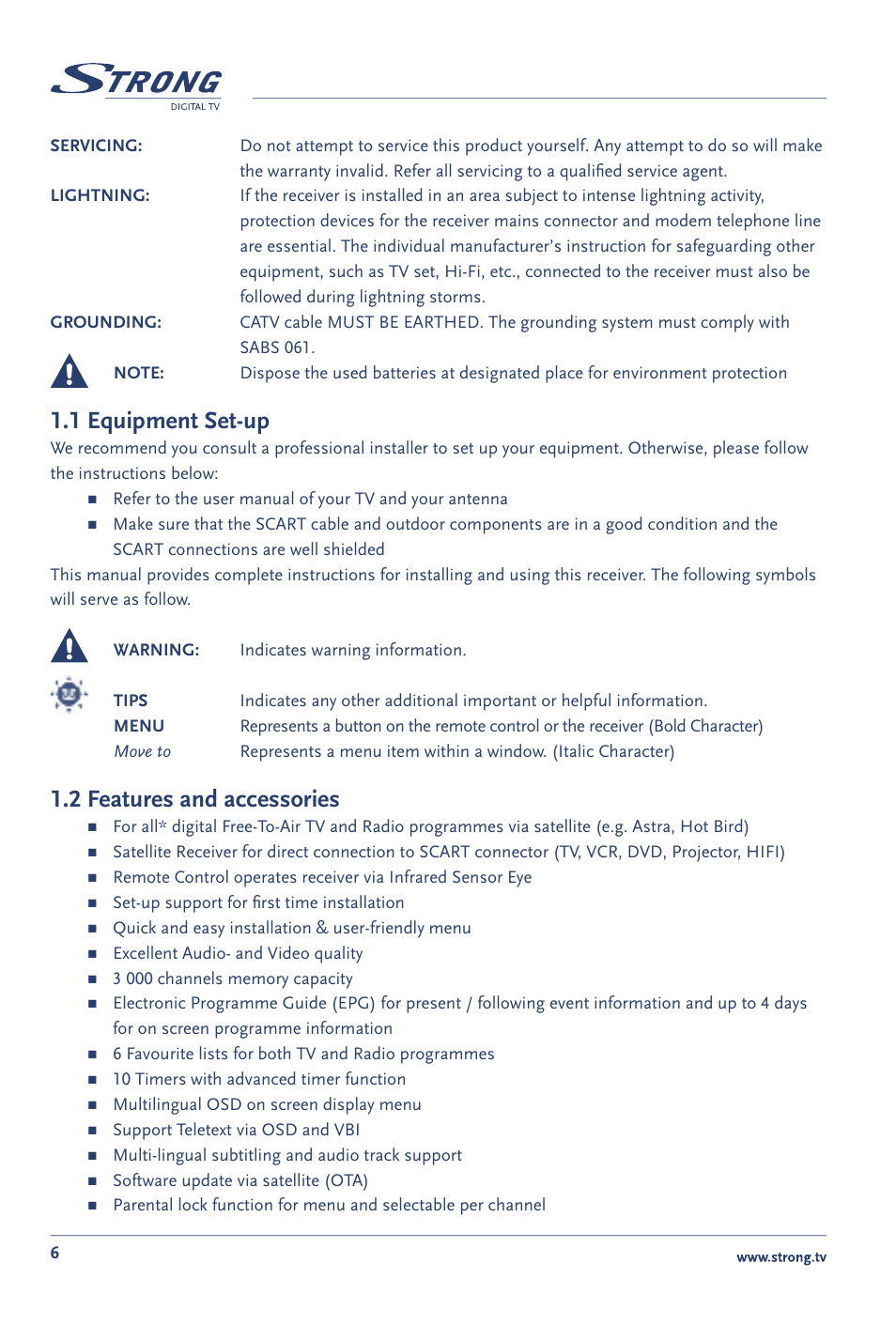 1 equipment set-up, 2 features and accessories | Strong Enterprises SRT 60 User Manual | Page 9 / 21