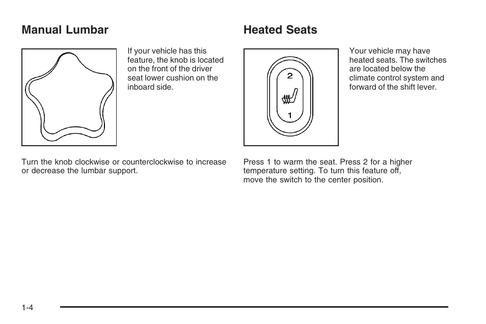 Manual lumbar, Heated seats, Manual lumbar -4 heated seats -4 | Saturn 2006 Vue User Manual | Page 10 / 412