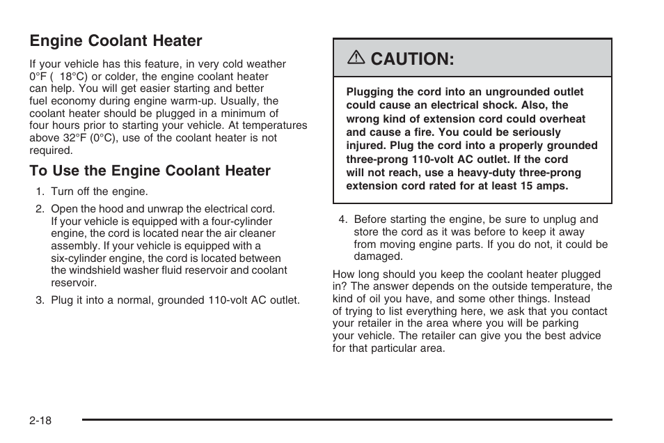 Engine coolant heater, Engine coolant heater -18, Caution | Saturn 2006 Vue User Manual | Page 100 / 412