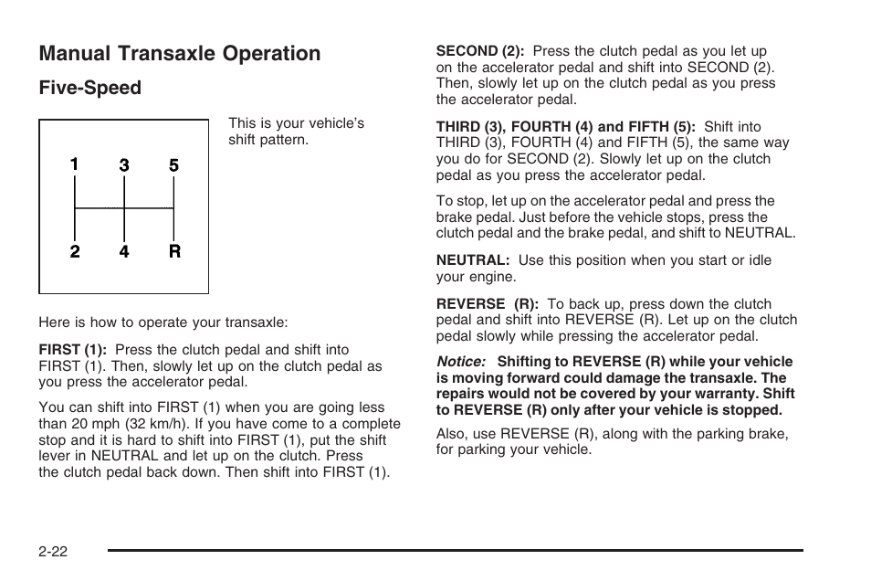 Manual transaxle operation, Manual transaxle operation -22, Five-speed | Saturn 2006 Vue User Manual | Page 104 / 412