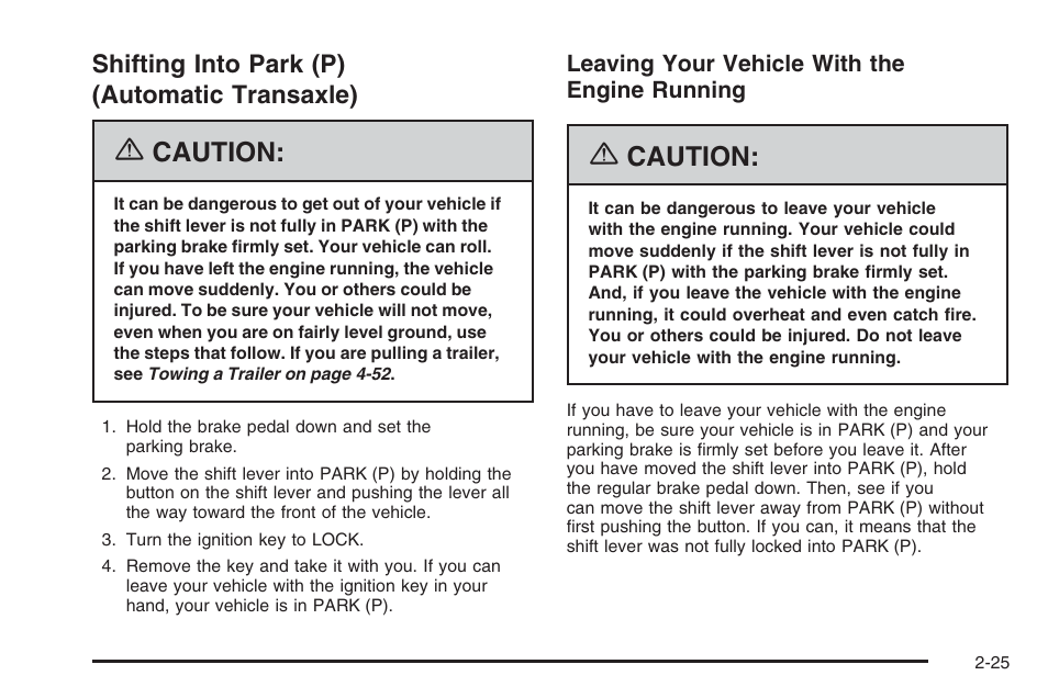 Shifting into park (p) (automatic transaxle), Shifting into park (p), Automatic transaxle) -25 | Caution | Saturn 2006 Vue User Manual | Page 107 / 412