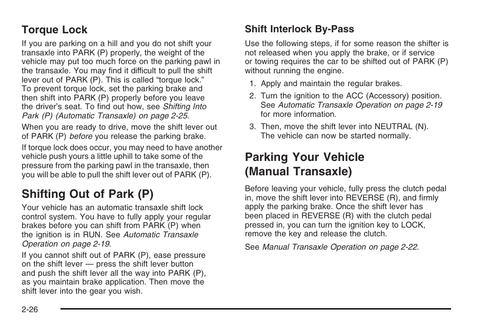 Shifting out of park (p), Parking your vehicle (manual transaxle), Shifting out of park (p) -26 parking your vehicle | Manual transaxle) -26, Torque lock | Saturn 2006 Vue User Manual | Page 108 / 412