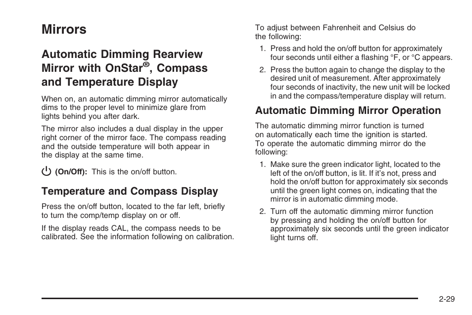 Mirrors, Mirrors -29, Automatic dimming rearview mirror | With onstar, Compass and, Temperature display -29, Automatic dimming rearview mirror with onstar, Compass and temperature display | Saturn 2006 Vue User Manual | Page 111 / 412