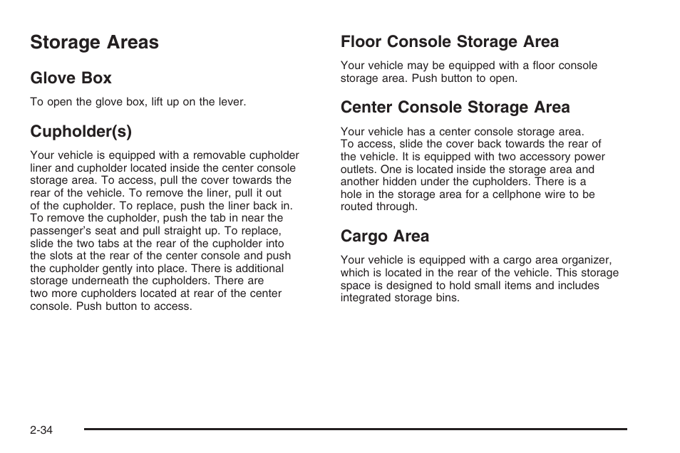 Storage areas, Glove box, Cupholder(s) | Floor console storage area, Center console storage area, Cargo area, Storage areas -34 | Saturn 2006 Vue User Manual | Page 116 / 412