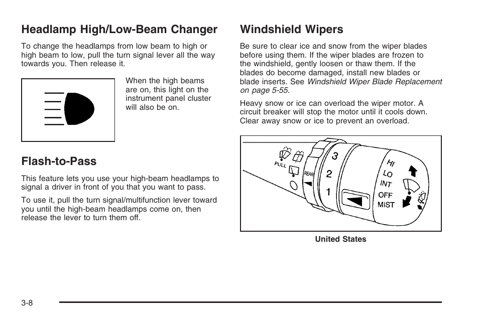Headlamp high/low-beam changer, Flash-to-pass, Windshield wipers | Saturn 2006 Vue User Manual | Page 128 / 412