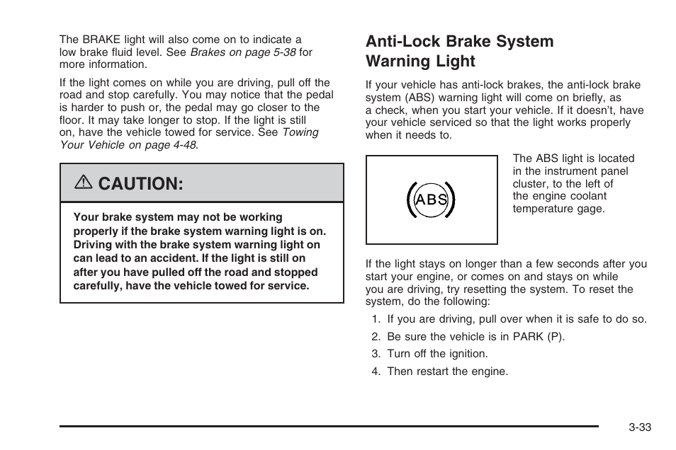 Anti-lock brake system warning light, Anti-lock brake system warning light -33, Caution | Saturn 2006 Vue User Manual | Page 153 / 412