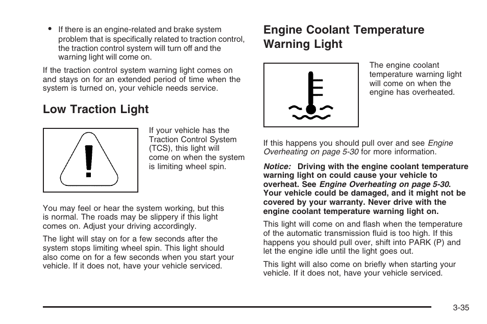 Low traction light, Engine coolant temperature warning light, Low traction light -35 engine coolant temperature | Warning light -35 | Saturn 2006 Vue User Manual | Page 155 / 412