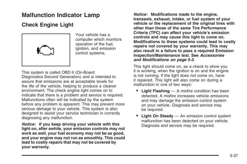 Malfunction indicator lamp, Malfunction indicator lamp -37, Check engine light | Saturn 2006 Vue User Manual | Page 157 / 412