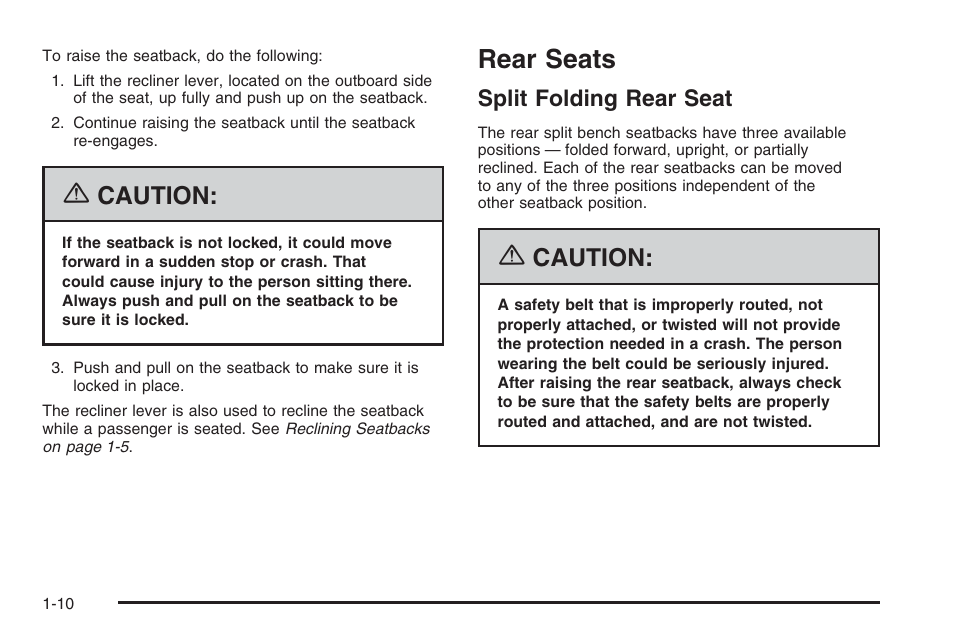 Rear seats, Split folding rear seat, Rear seats -10 | Split folding rear seat -10, Caution | Saturn 2006 Vue User Manual | Page 16 / 412