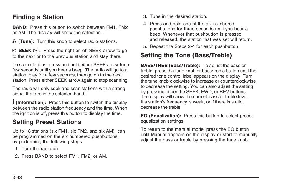 Finding a station, Setting preset stations, Setting the tone (bass/treble) | Saturn 2006 Vue User Manual | Page 168 / 412