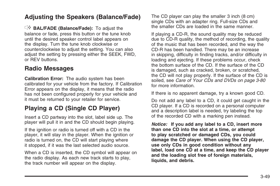 Adjusting the speakers (balance/fade), Radio messages, Playing a cd (single cd player) | Saturn 2006 Vue User Manual | Page 169 / 412