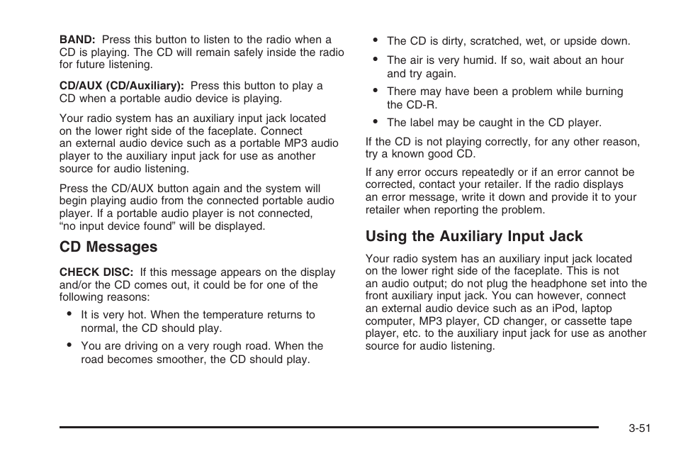 Cd messages, Using the auxiliary input jack | Saturn 2006 Vue User Manual | Page 171 / 412