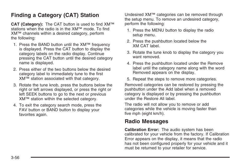 Finding a category (cat) station, Radio messages | Saturn 2006 Vue User Manual | Page 176 / 412