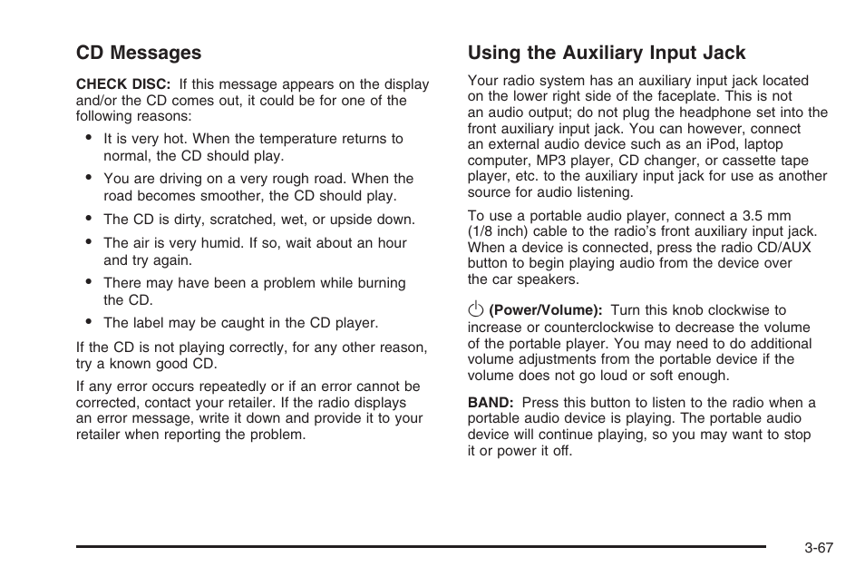 Cd messages, Using the auxiliary input jack | Saturn 2006 Vue User Manual | Page 187 / 412