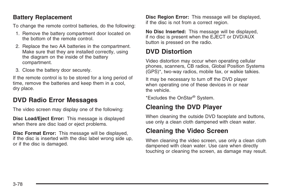 Dvd radio error messages, Dvd distortion, Cleaning the dvd player | Cleaning the video screen | Saturn 2006 Vue User Manual | Page 198 / 412