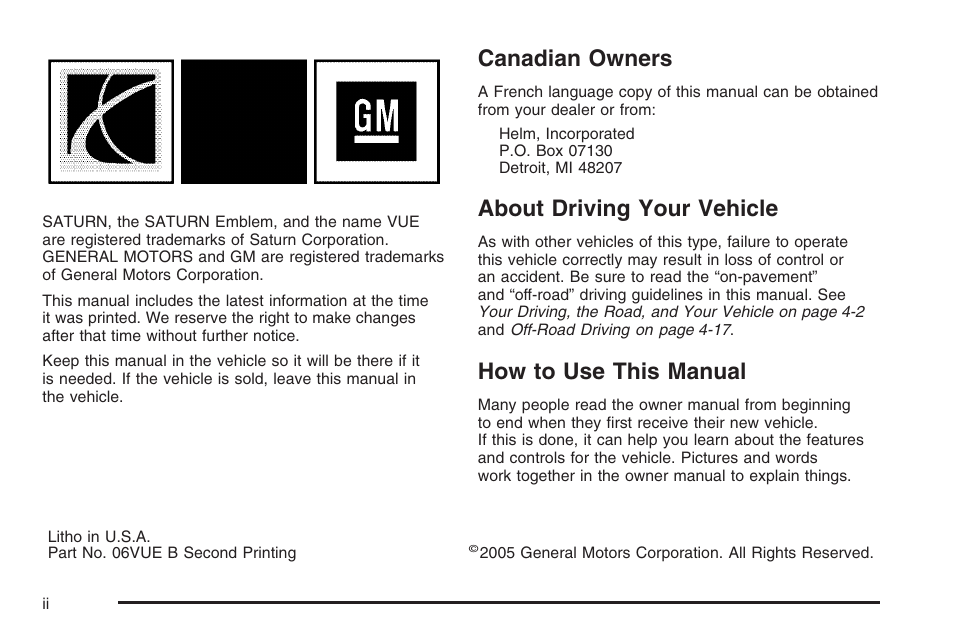 Canadian owners, About driving your vehicle, How to use this manual | Saturn 2006 Vue User Manual | Page 2 / 412