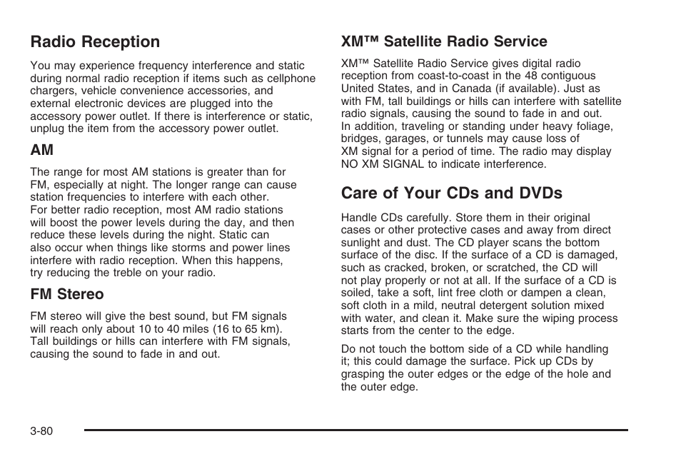 Radio reception, Care of your cds and dvds, Radio reception -80 care of your cds and dvds -80 | Saturn 2006 Vue User Manual | Page 200 / 412