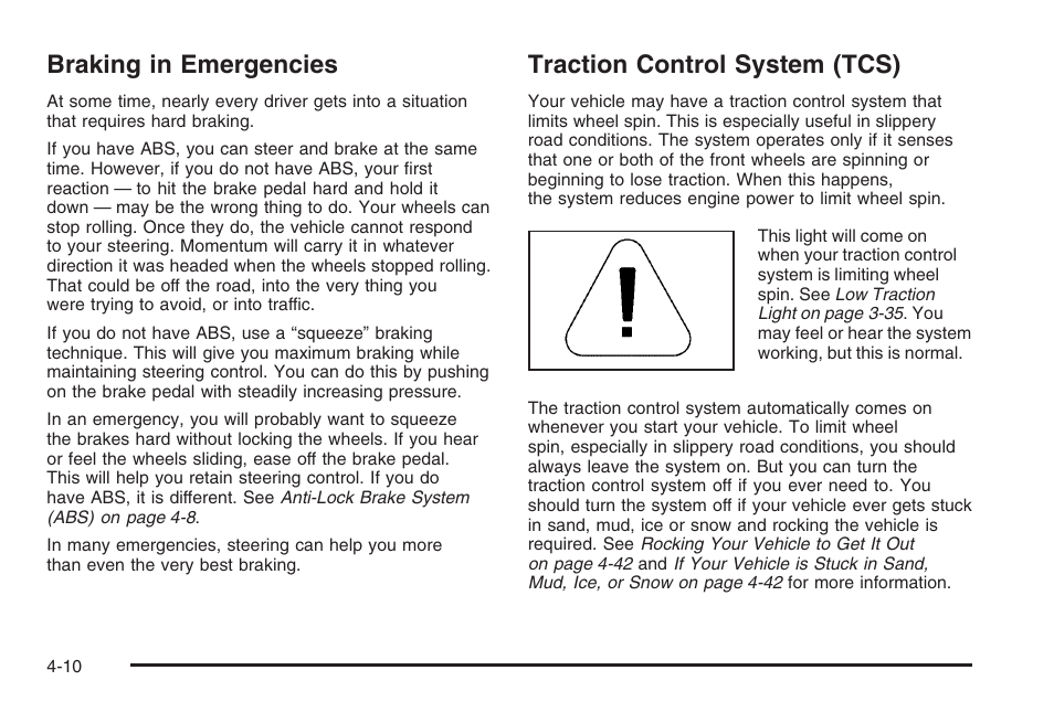 Braking in emergencies, Traction control system (tcs) | Saturn 2006 Vue User Manual | Page 212 / 412