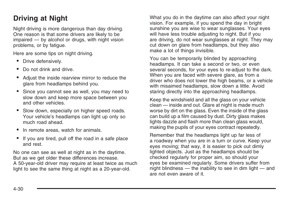 Driving at night, Driving at night -30 | Saturn 2006 Vue User Manual | Page 232 / 412