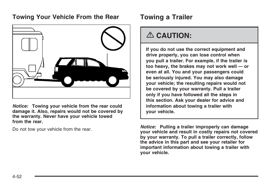 Towing a trailer, Towing a trailer -52, Caution | Saturn 2006 Vue User Manual | Page 254 / 412