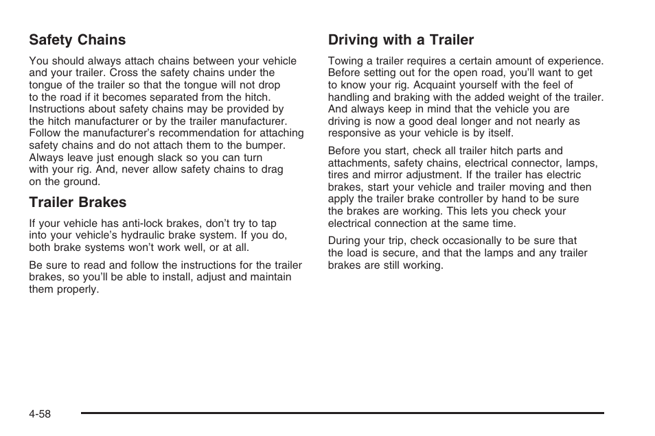 Safety chains, Trailer brakes, Driving with a trailer | Saturn 2006 Vue User Manual | Page 260 / 412