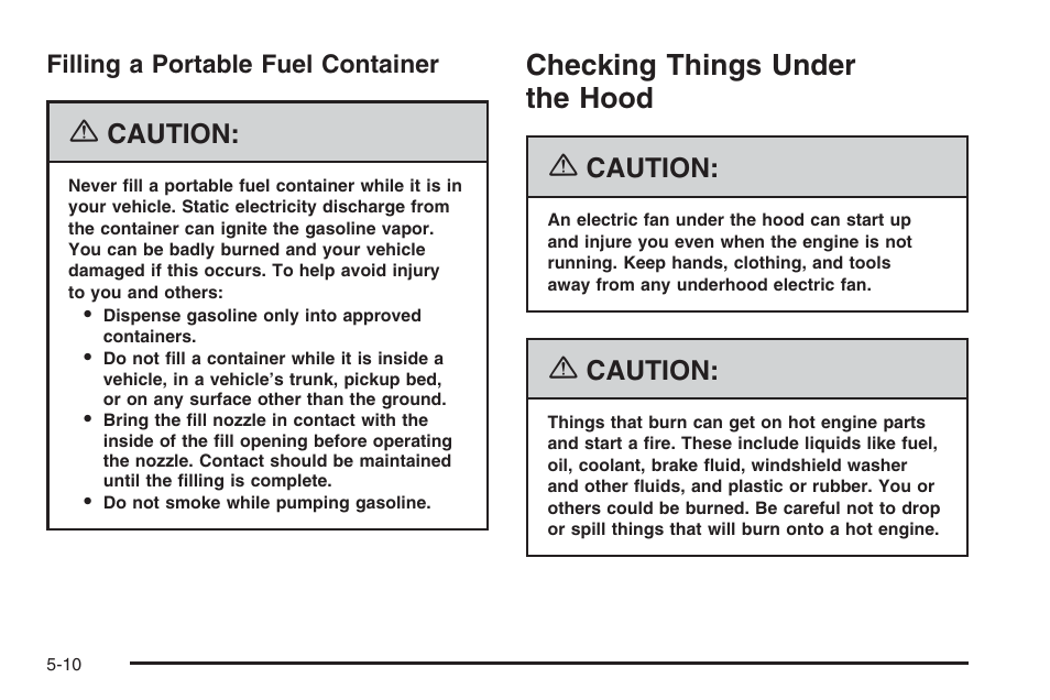 Filling a portable fuel container, Checking things under the hood, Filling a portable fuel container -10 | Checking things under the hood -10, Caution | Saturn 2006 Vue User Manual | Page 274 / 412