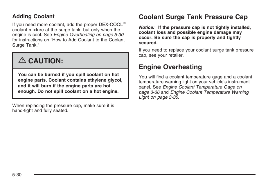 Coolant surge tank pressure cap, Engine overheating, Caution | Saturn 2006 Vue User Manual | Page 294 / 412