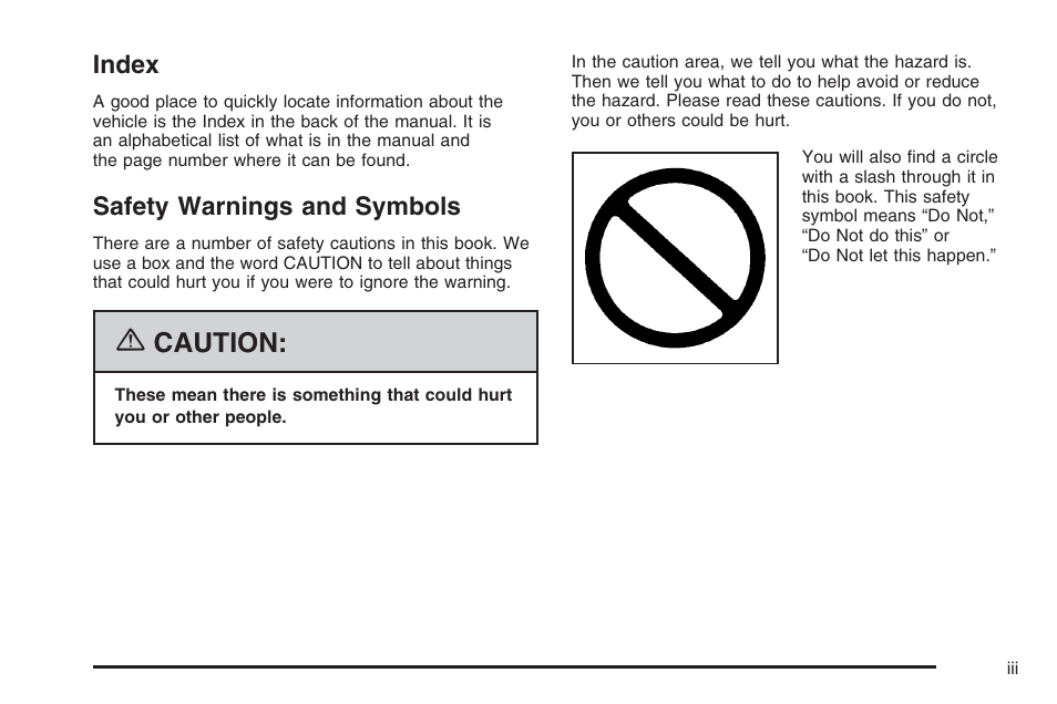 Caution, Index, Safety warnings and symbols | Saturn 2006 Vue User Manual | Page 3 / 412