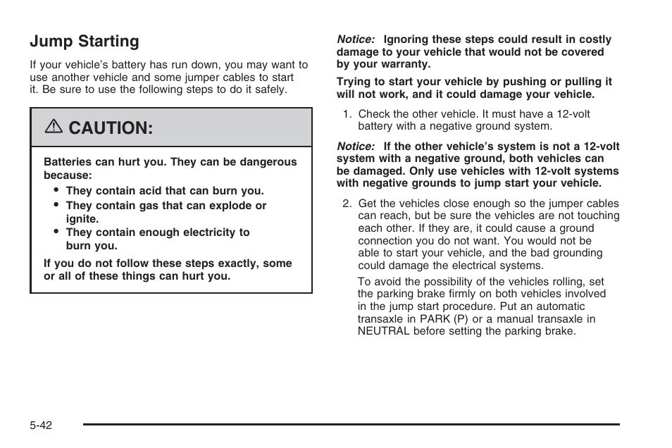 Jump starting, Jump starting -42, Caution | Saturn 2006 Vue User Manual | Page 306 / 412