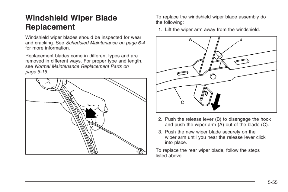 Windshield wiper blade replacement, Windshield wiper blade replacement -55 | Saturn 2006 Vue User Manual | Page 319 / 412