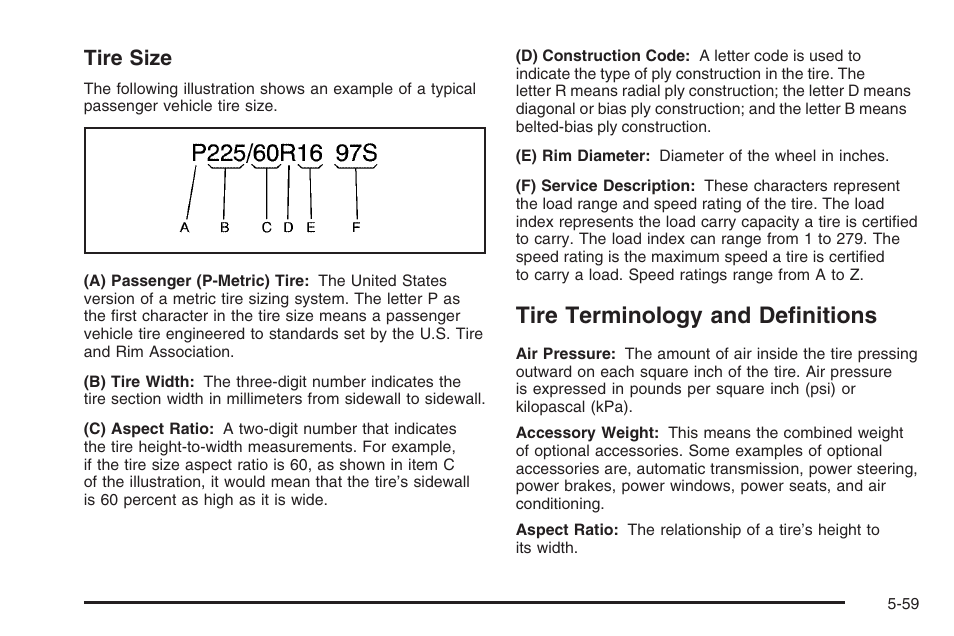 Tire terminology and definitions, Tire terminology and definitions -59, Tire size | Saturn 2006 Vue User Manual | Page 323 / 412