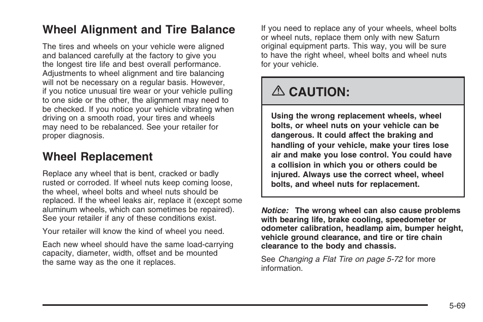 Wheel alignment and tire balance, Wheel replacement, Caution | Saturn 2006 Vue User Manual | Page 333 / 412