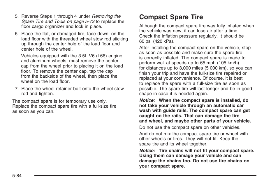 Compact spare tire, Compact spare tire -84 | Saturn 2006 Vue User Manual | Page 348 / 412