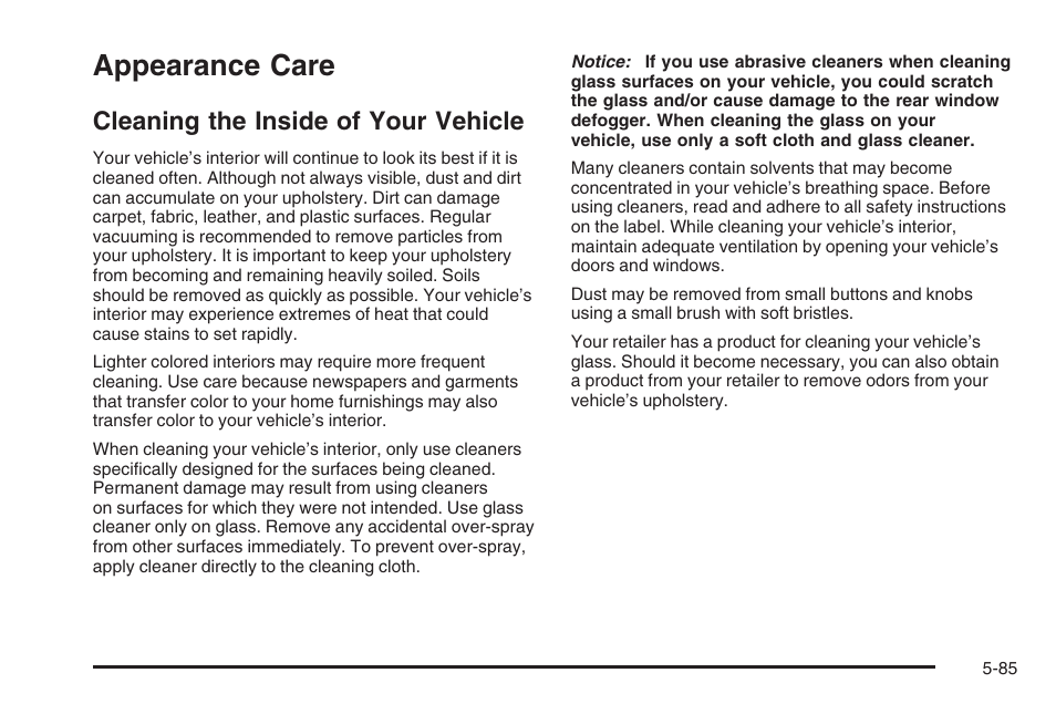 Appearance care, Cleaning the inside of your vehicle, Appearance care -85 | Cleaning the inside of your vehicle -85 | Saturn 2006 Vue User Manual | Page 349 / 412