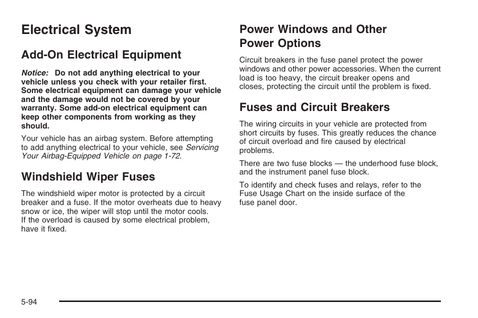 Electrical system, Add-on electrical equipment, Windshield wiper fuses | Power windows and other power options, Fuses and circuit breakers, Electrical system -94, Power options -94, Fuses and circuit breakers -94 | Saturn 2006 Vue User Manual | Page 358 / 412